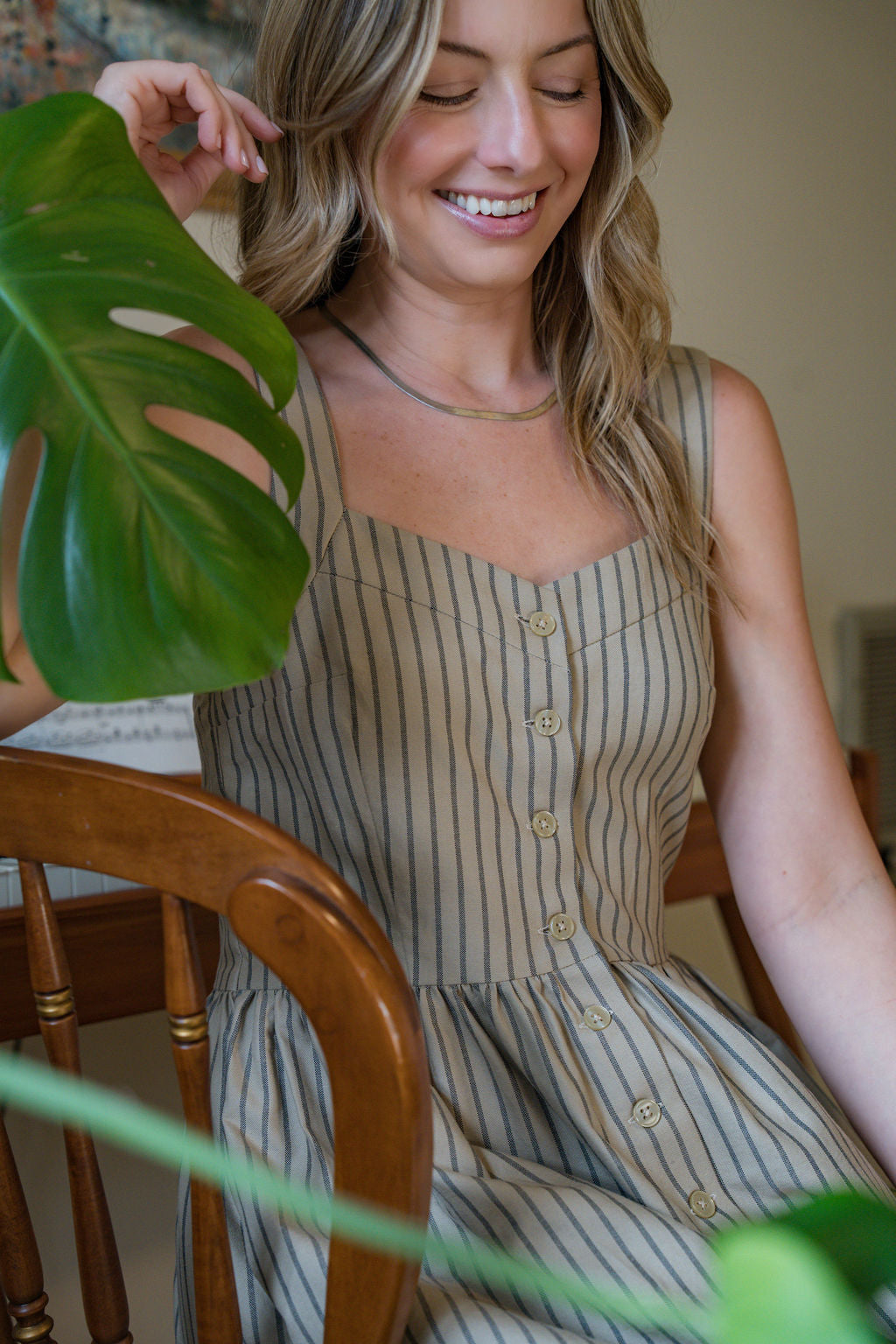 Mia Linen Dress in Tan and Black Stripe Cotton - XS Left