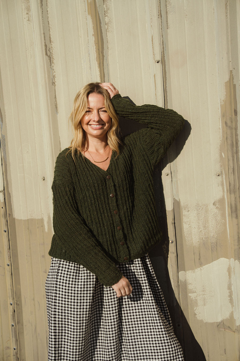 Cara Ribbed Cardigan in Nettle Allo and Cotton Dark Green Made to Order