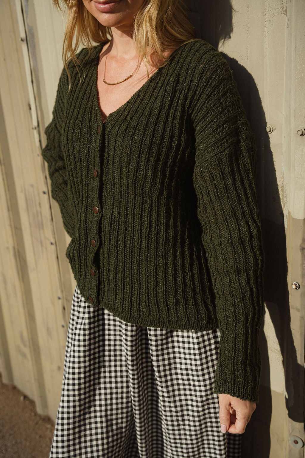 Cara Ribbed Cardigan in Nettle Allo and Cotton Dark Green Made to Order