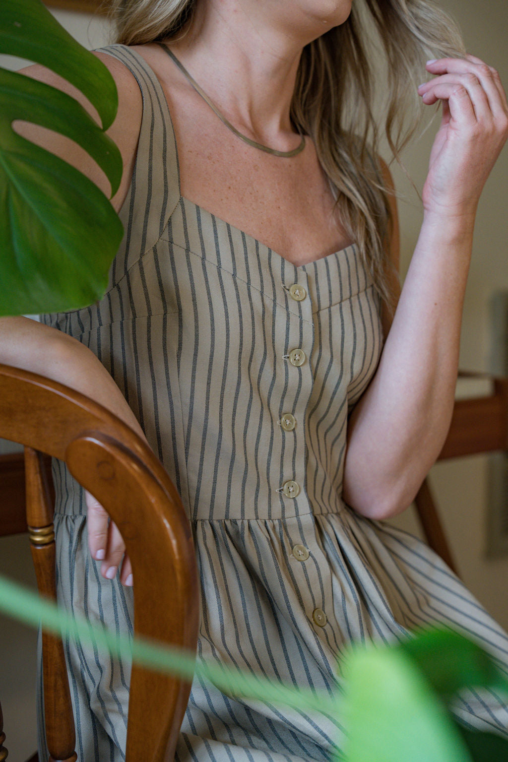Mia Linen Dress in Tan and Black Stripe Cotton - XS Left