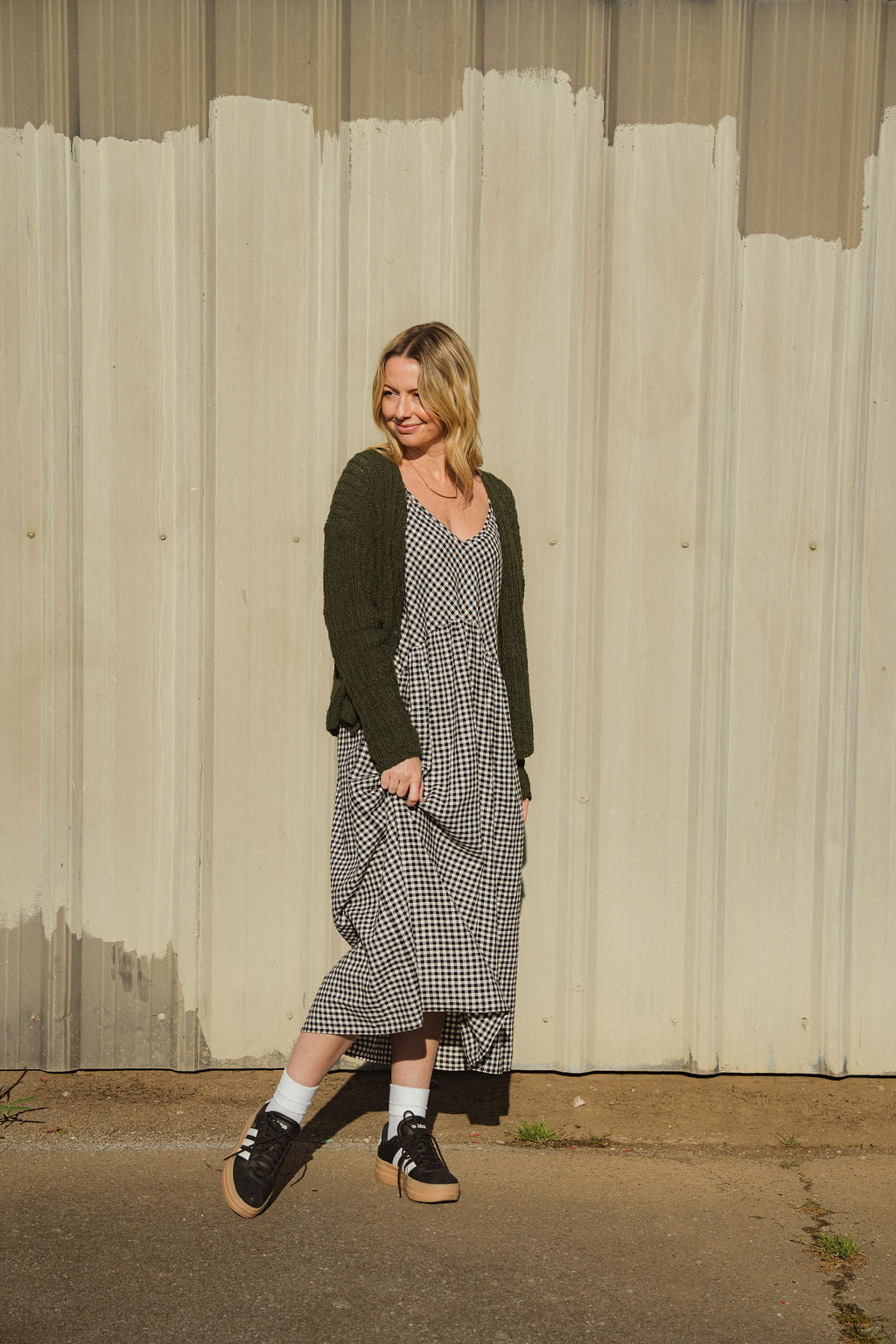 Cara Ribbed Cardigan in Nettle Allo and Cotton Dark Green Made to Order
