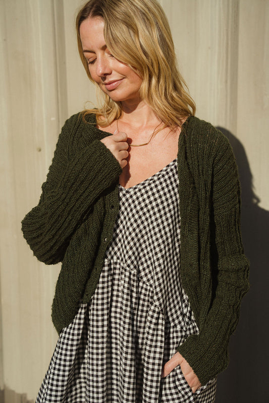 Cara Ribbed Cardigan in Nettle Allo and Cotton Dark Green Made to Order