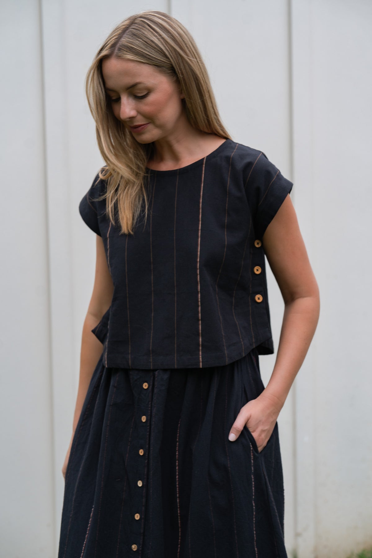 Perry Gathered Midi Skirt in Black Handwoven Cotton
