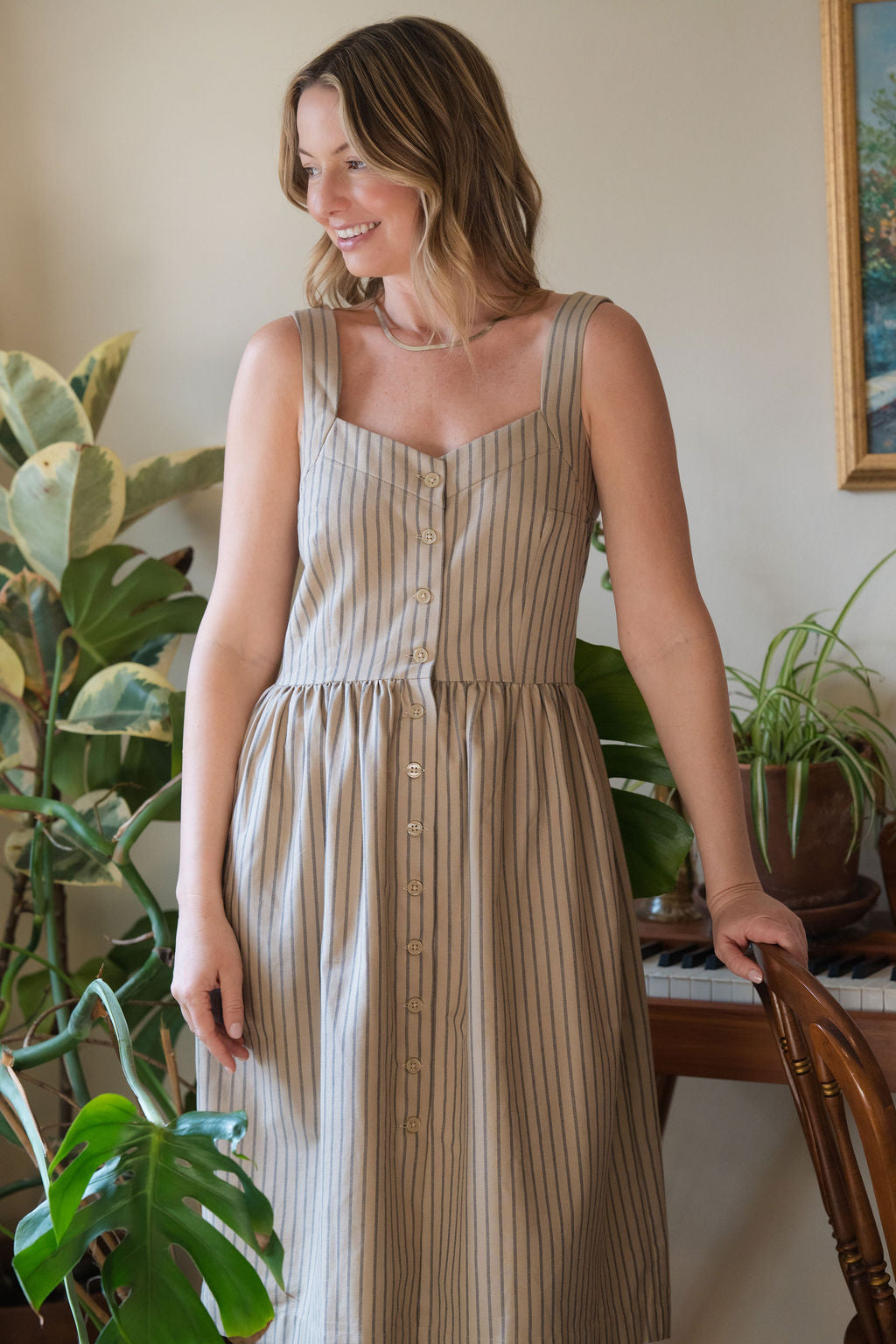 Mia Linen Dress in Tan and Black Stripe Cotton - XS Left