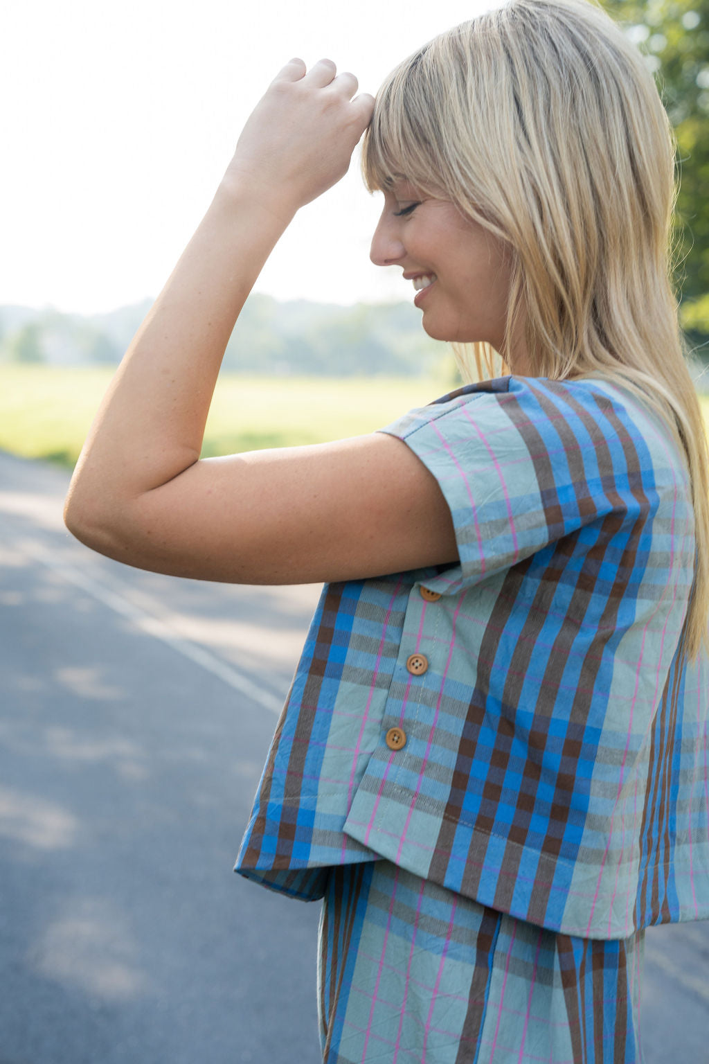 Katie Handwoven Cotton Crop Set in Teal and Plum Plaid - Pre-Order 2/30