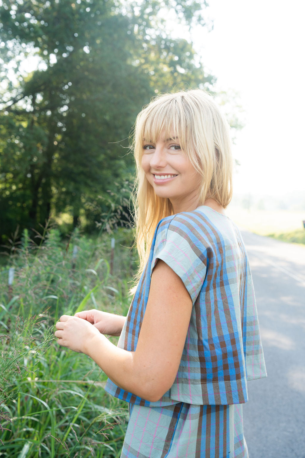 Katie Handwoven Cotton Crop Set in Teal and Plum Plaid - Pre-Order 2/30