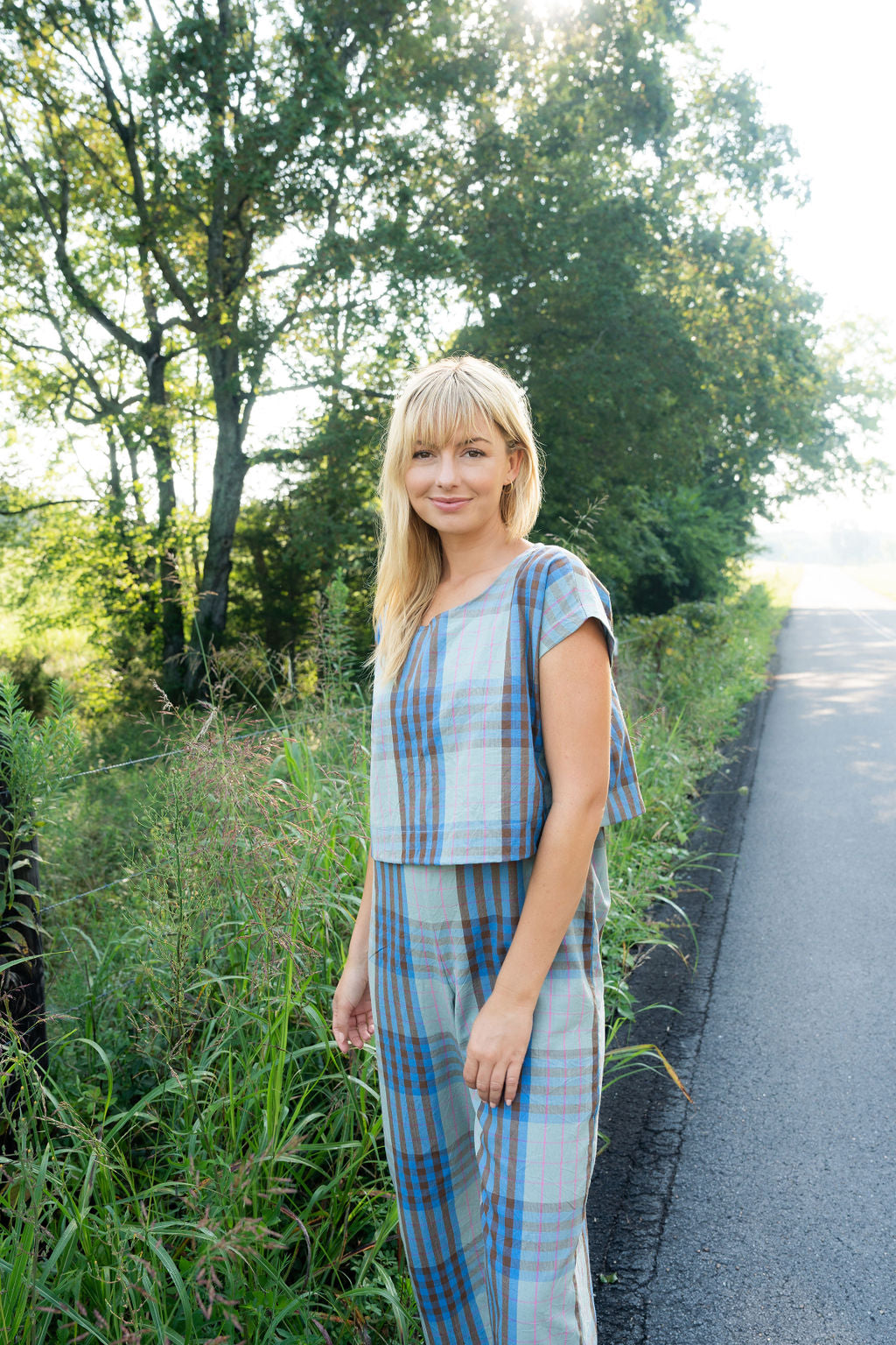 Katie Handwoven Cotton Crop Set in Teal and Plum Plaid - Pre-Order 2/30