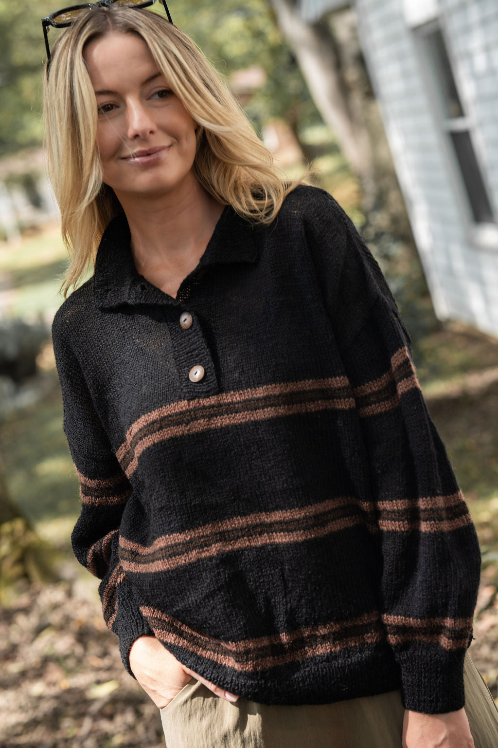 Imogene Oversized Wool Henley in Black and Brown Made to Order
