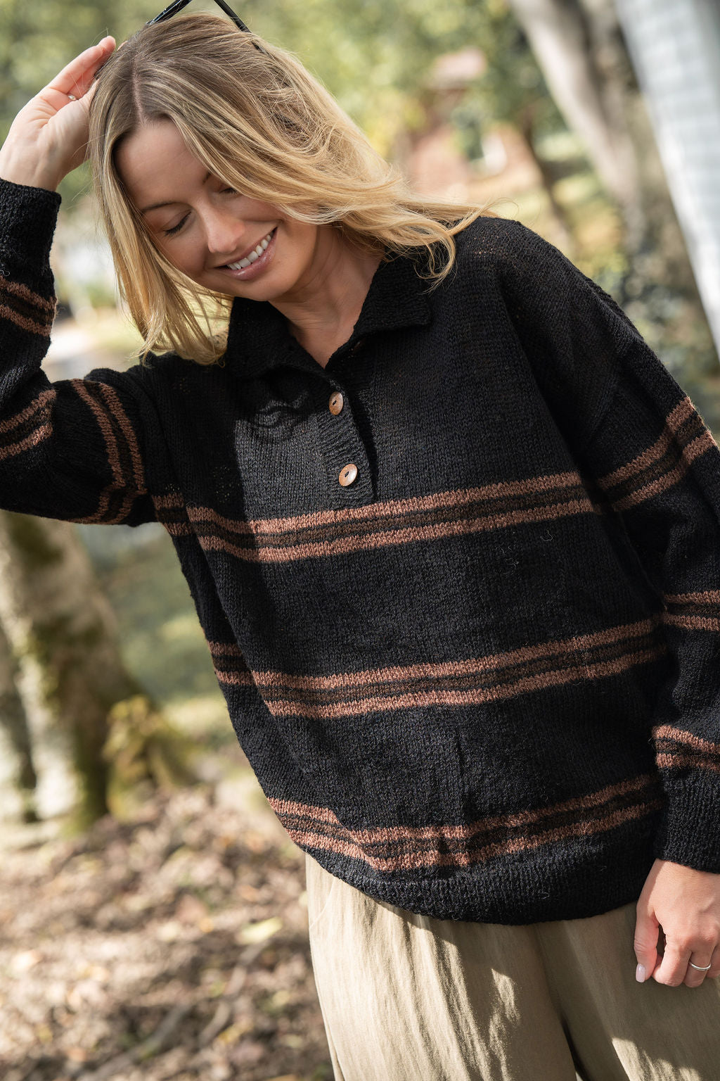 Imogene Oversized Wool Henley in Black and Brown Made to Order