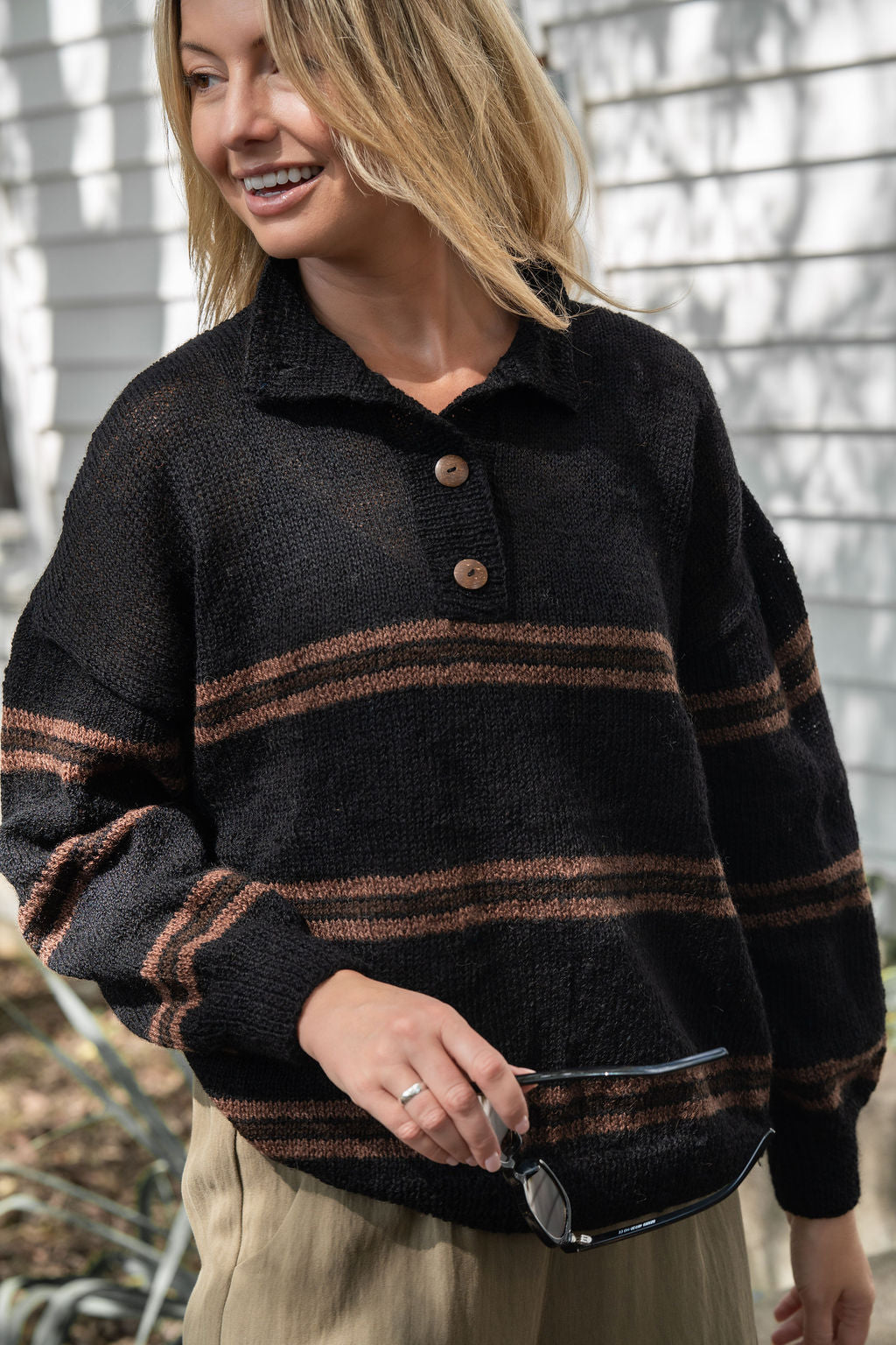 Imogene Oversized Wool Henley in Black and Brown Made to Order