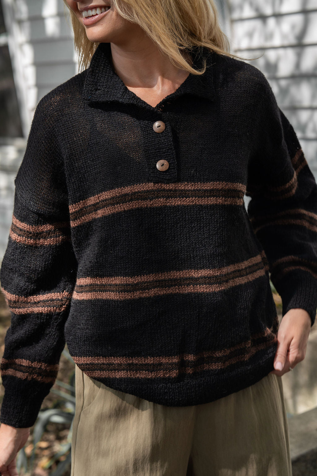 Imogene Oversized Wool Henley in Black and Brown Made to Order