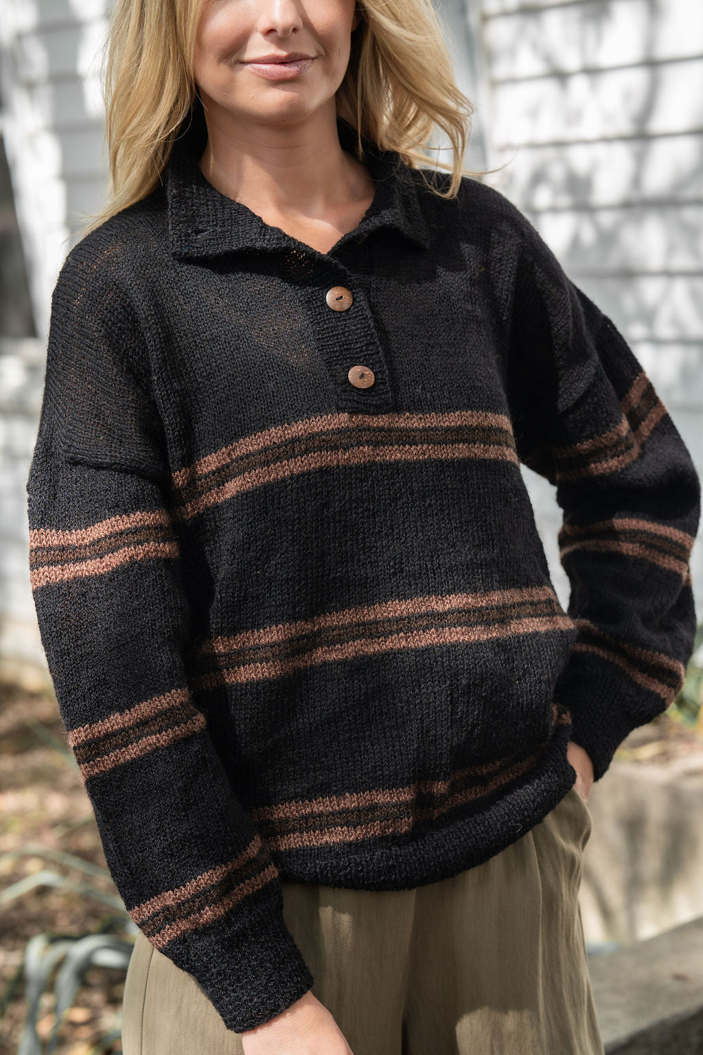 Imogene Oversized Wool Henley in Black and Brown Made to Order