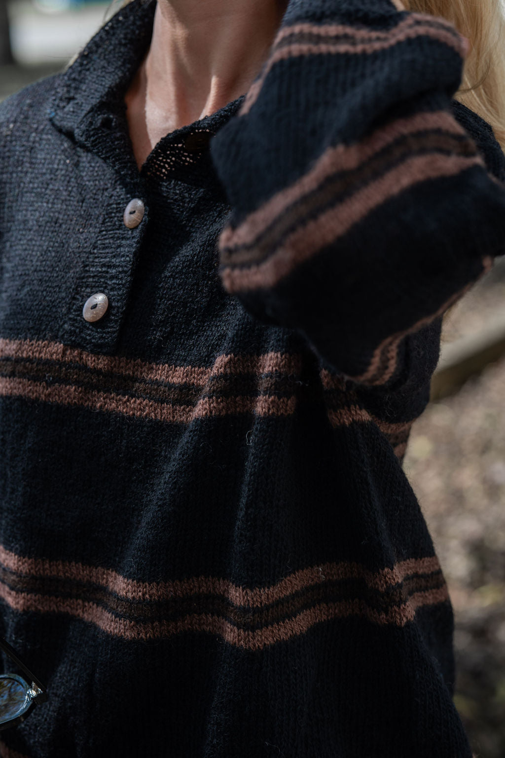 Imogene Oversized Wool Henley in Black and Brown Made to Order