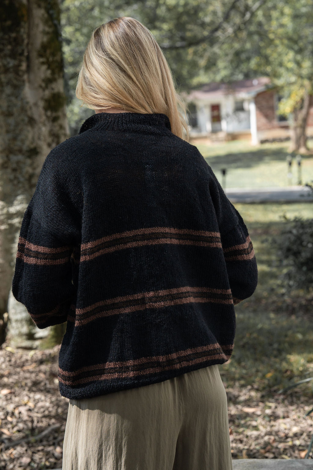 Imogene Oversized Wool Henley in Black and Brown Made to Order