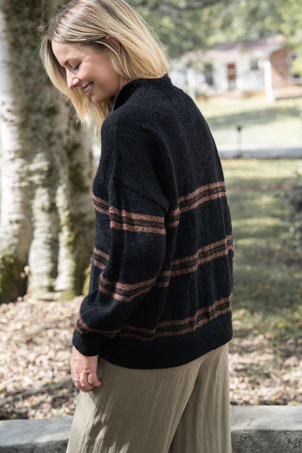 Imogene Oversized Wool Henley in Black and Brown Made to Order