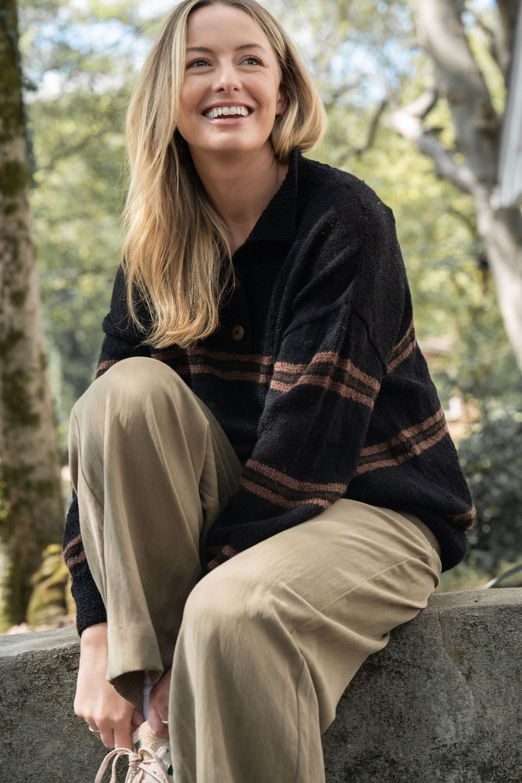 Imogene Oversized Wool Henley in Black and Brown Made to Order