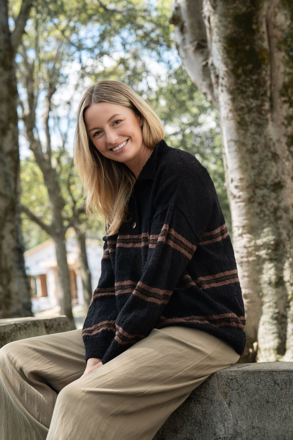 Imogene Oversized Wool Henley in Black and Brown Made to Order