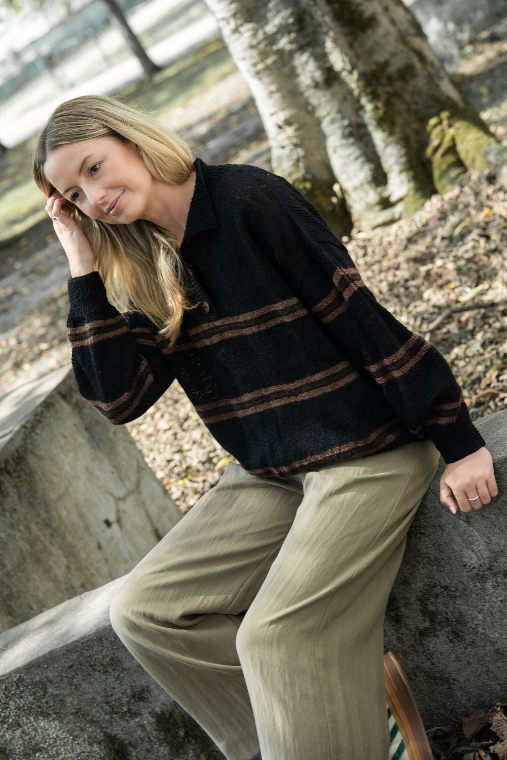 Imogene Oversized Wool Henley in Black and Brown Made to Order