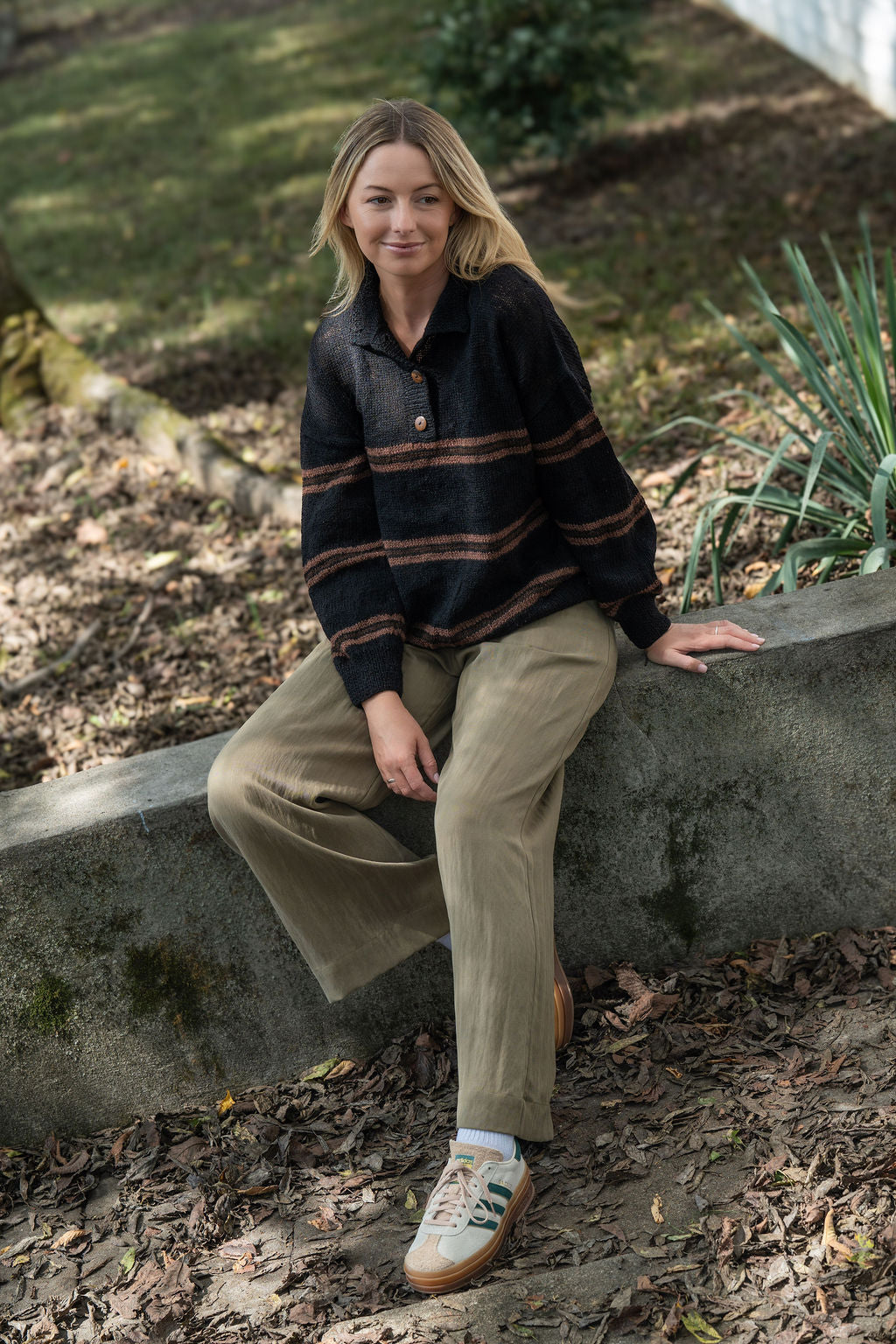 Imogene Oversized Wool Henley in Black and Brown Made to Order