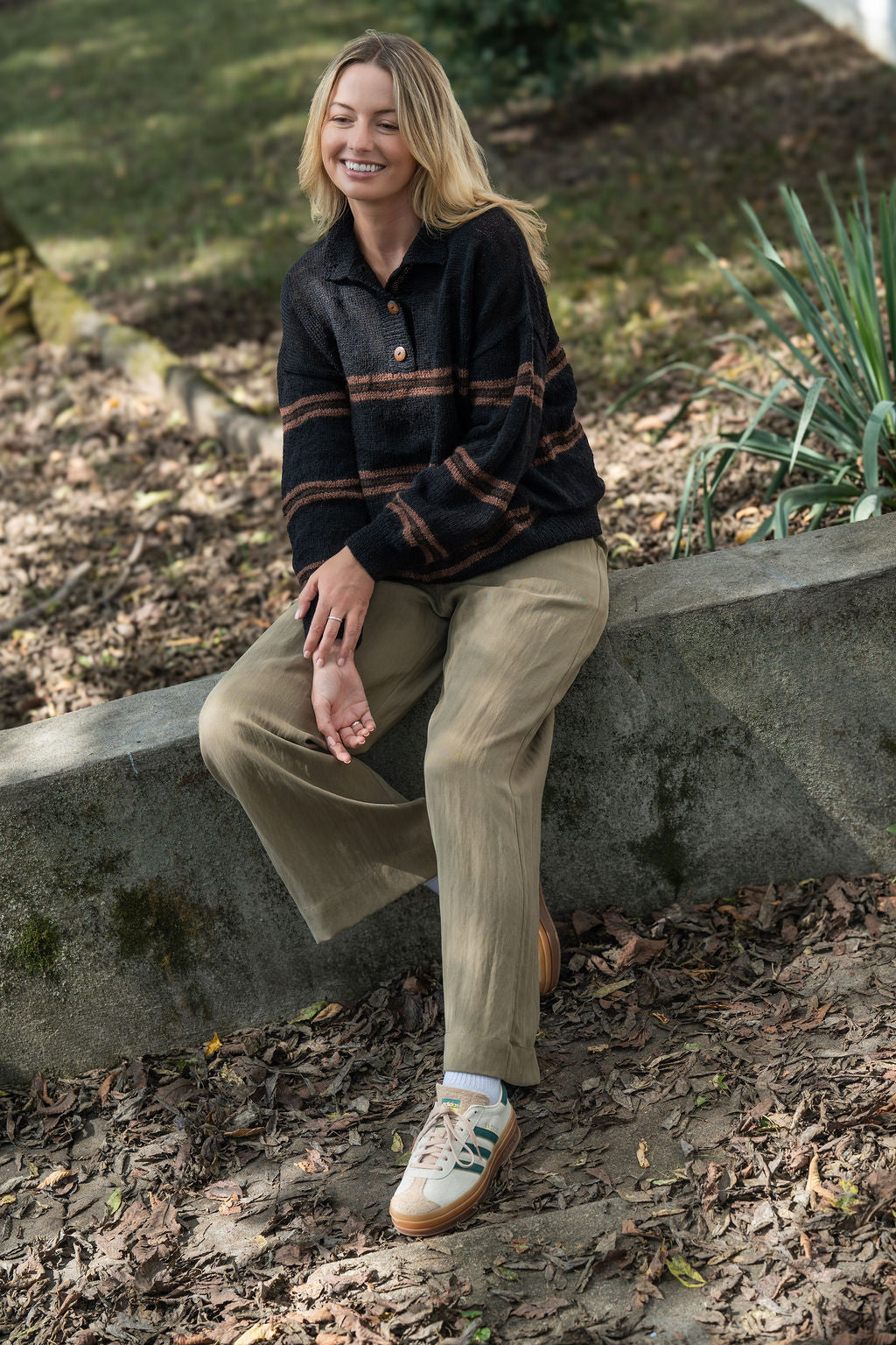 Imogene Oversized Wool Henley in Black and Brown Made to Order