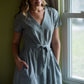 June Dress in Green/Grey Chambray - M