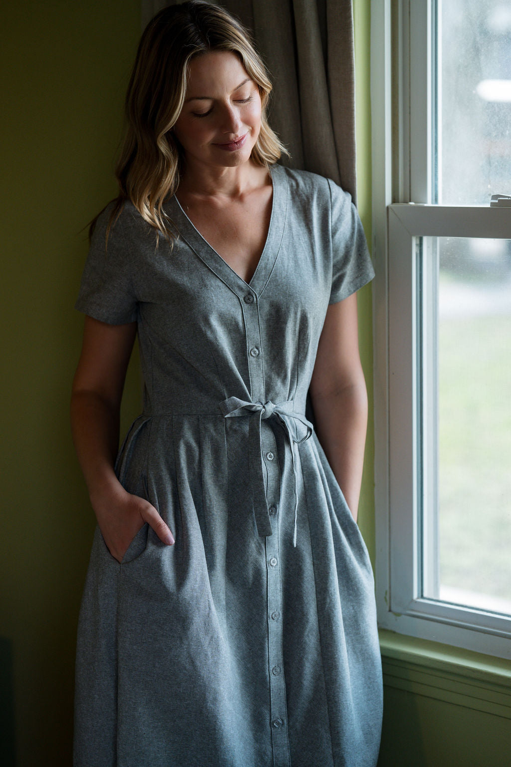 June Dress in Green/Grey Chambray - M