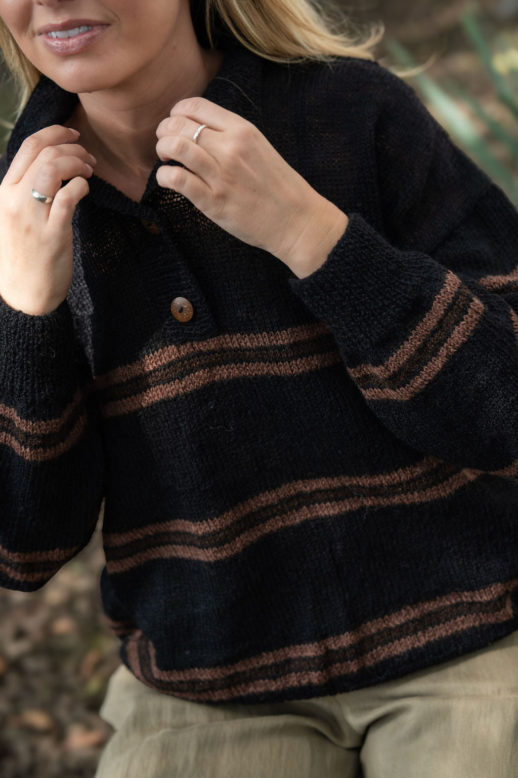 Imogene Oversized Wool Henley in Black and Brown Made to Order