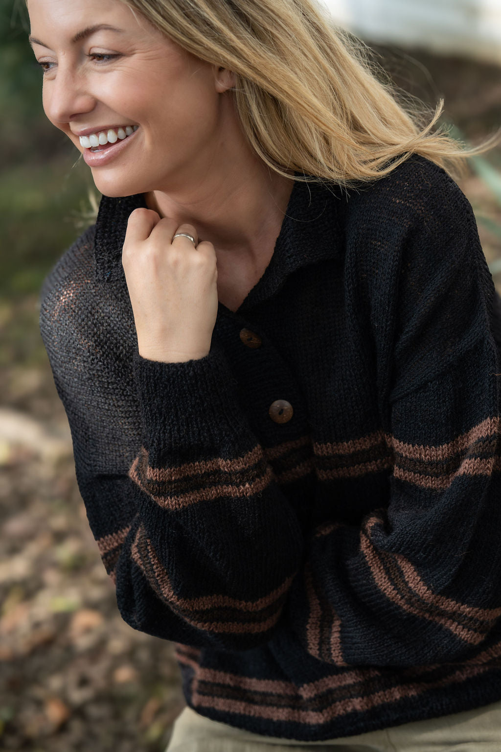 Imogene Oversized Wool Henley in Black and Brown Made to Order