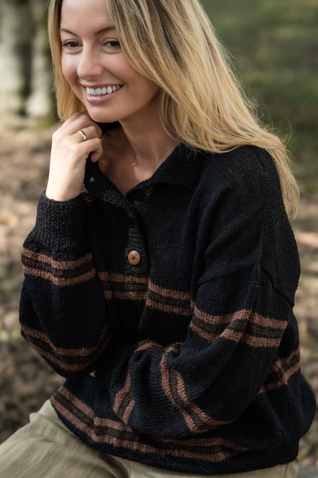 Imogene Oversized Wool Henley in Black and Brown Made to Order