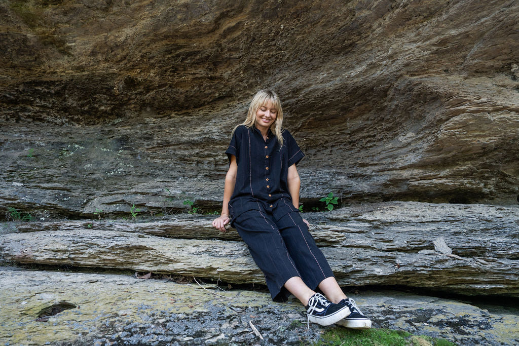 Paige Handwoven Cotton Relaxed Shirt Dress in Black - Pre-Order 2/30