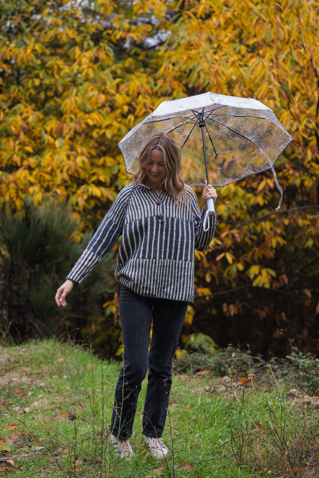 Tiff Oversized Wool Henley in Slate and Cream Made to Order