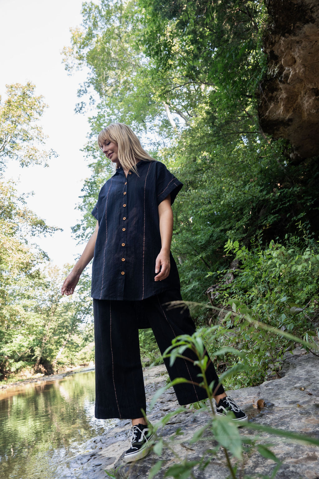 Paige Handwoven Cotton Relaxed Shirt Dress in Black - Pre-Order 2/30