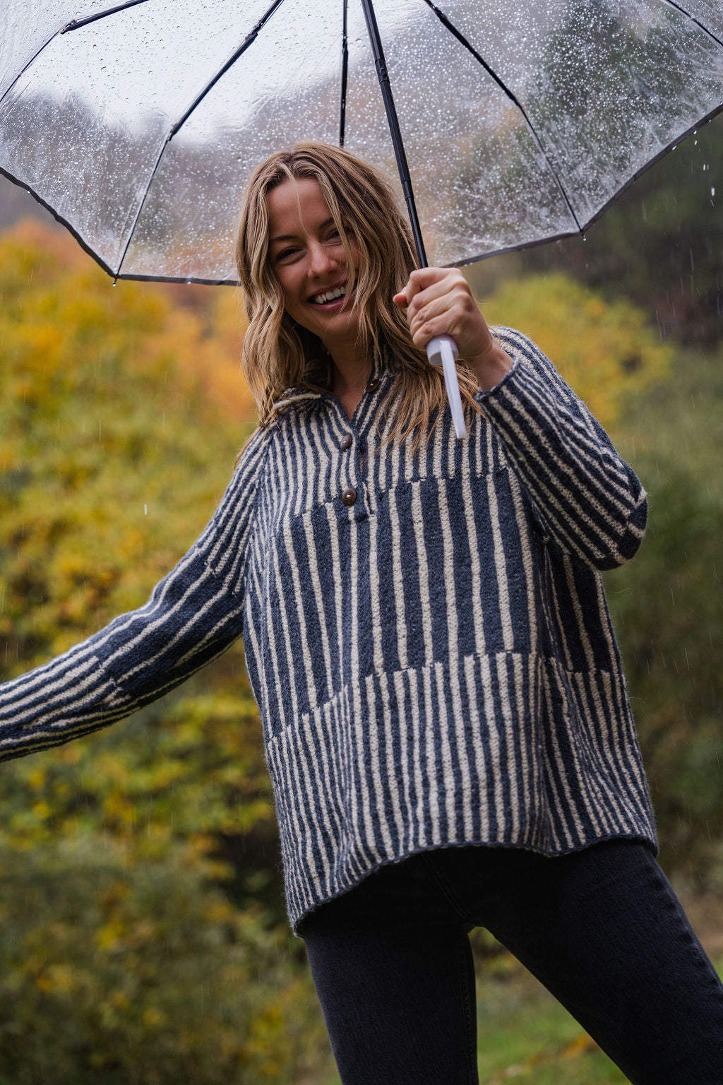 Tiff Oversized Wool Henley in Slate and Cream Made to Order