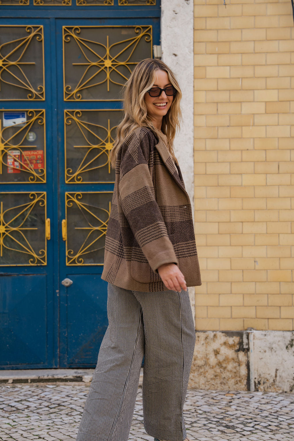 Portuguese Wool Pieper Coat in Brown and Black Plaid Made to Order