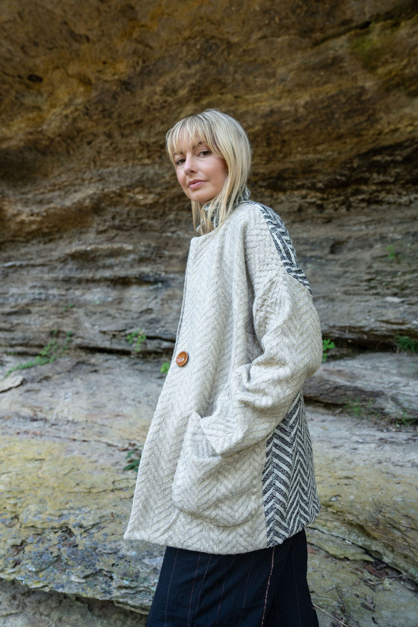 Portuguese Wool Pieper Coat in Neutral Mix-Match Herringbone - Pre-Order 1/30