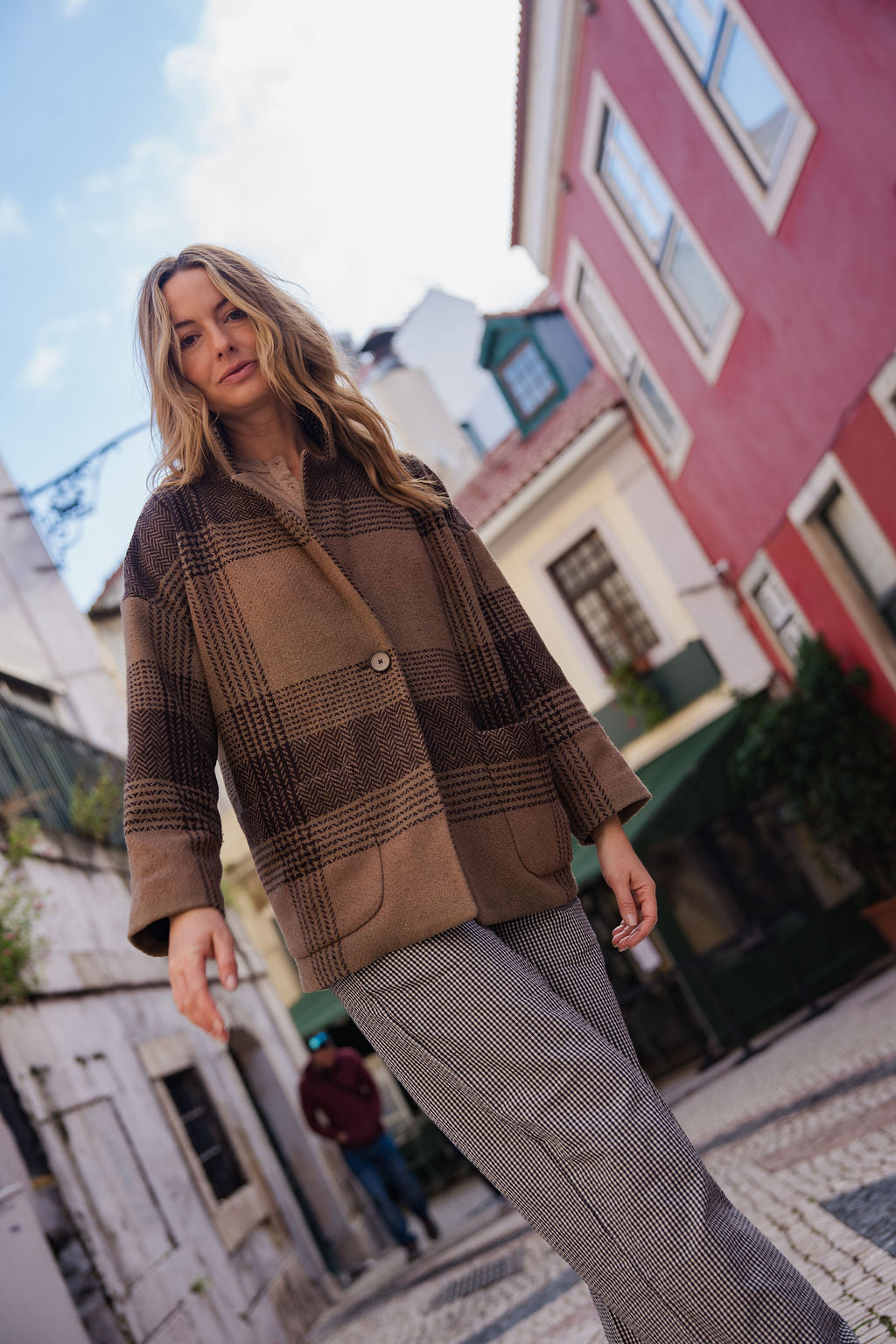 Portuguese Wool Pieper Coat in Brown and Black Plaid Made to Order