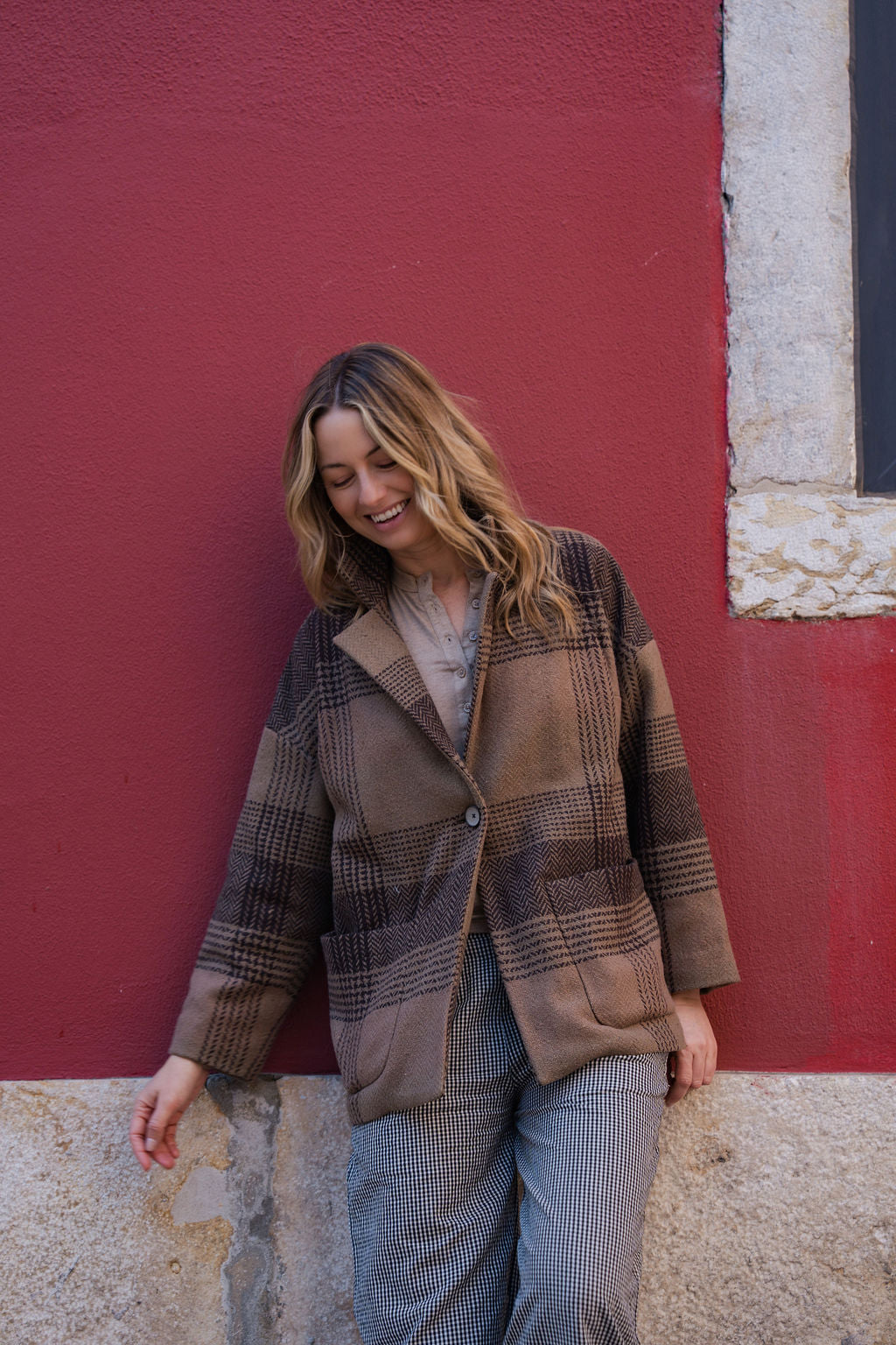 Portuguese Wool Pieper Coat in Brown and Black Plaid Made to Order