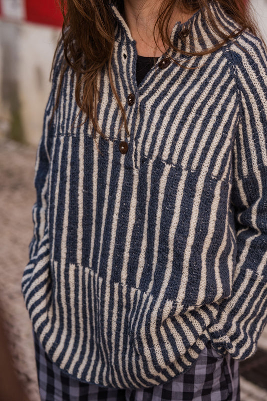 Tiff Oversized Wool Henley in Slate and Cream Made to Order