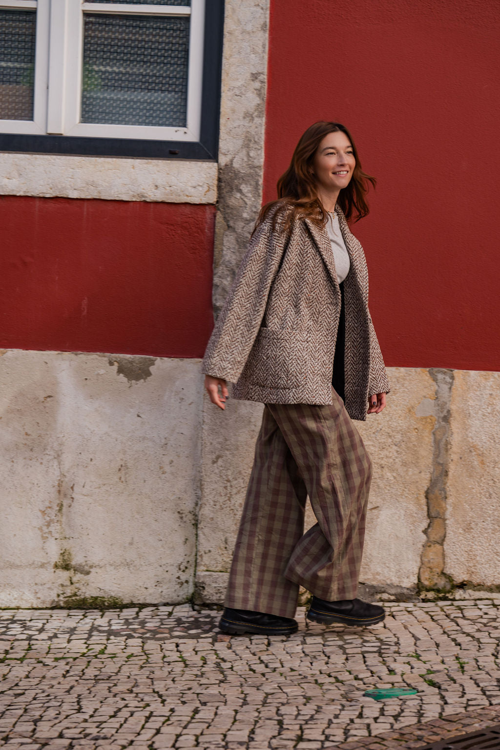 Portuguese Wool Pieper Coat in Heathered Brown and Cream Herringbone Made to Order