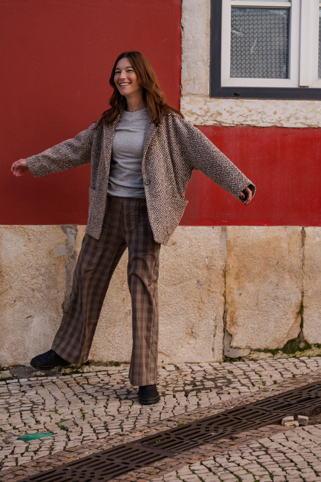 Portuguese Wool Pieper Coat in Heathered Brown and Cream Herringbone Made to Order