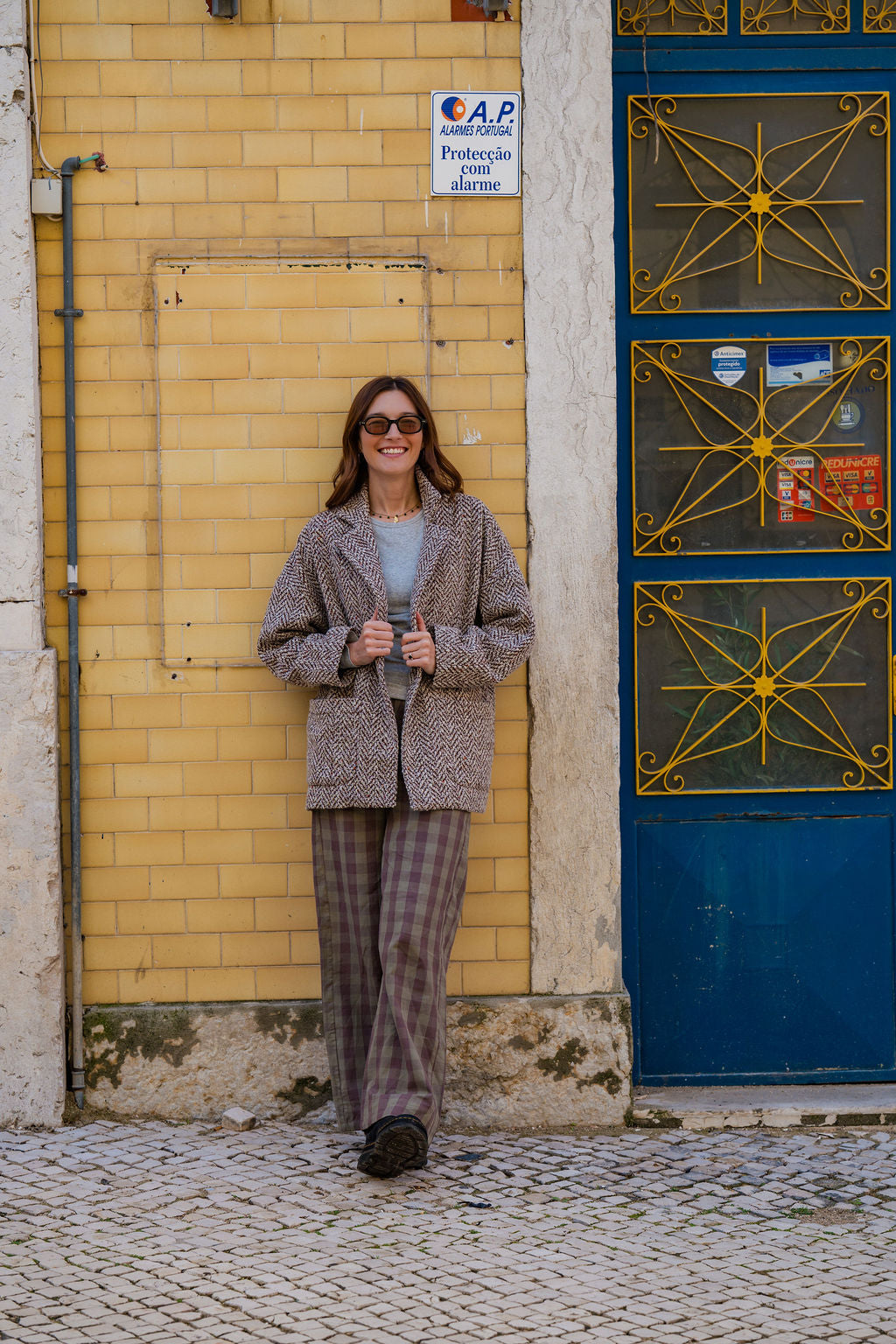 Portuguese Wool Pieper Coat in Heathered Brown and Cream Herringbone Made to Order