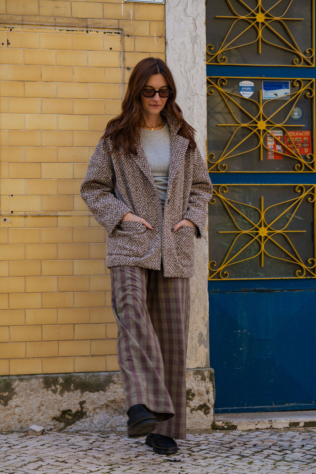 Portuguese Wool Pieper Coat in Heathered Brown and Cream Herringbone Made to Order