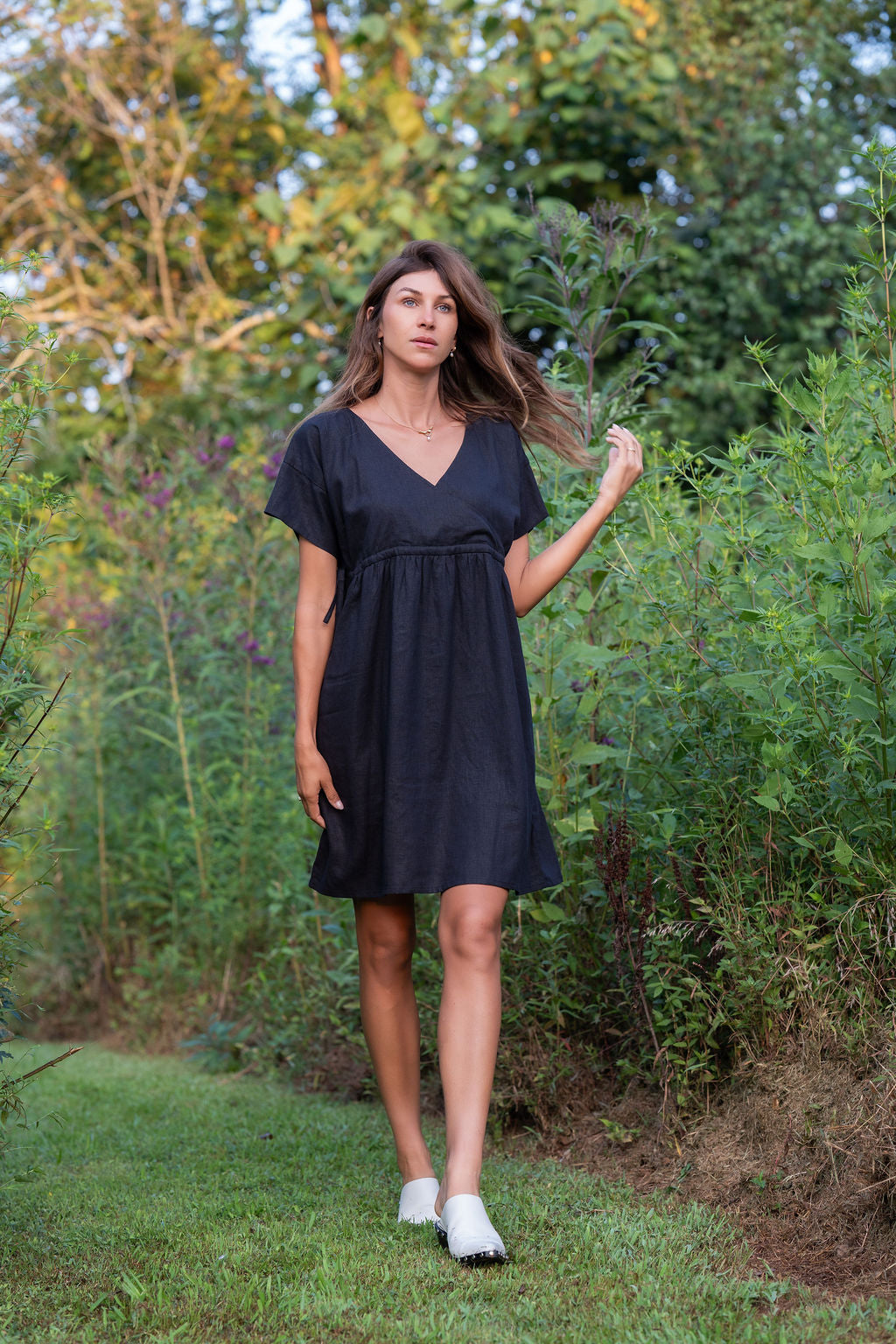 Rose Drawstring Dress in Dark Brown Linen