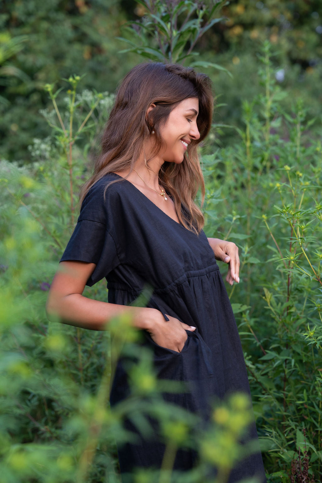 Rose Drawstring Dress in Dark Brown Linen