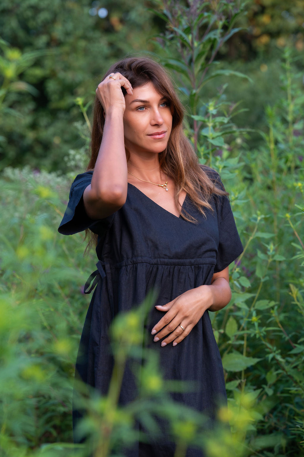 Rose Drawstring Dress in Dark Brown Linen