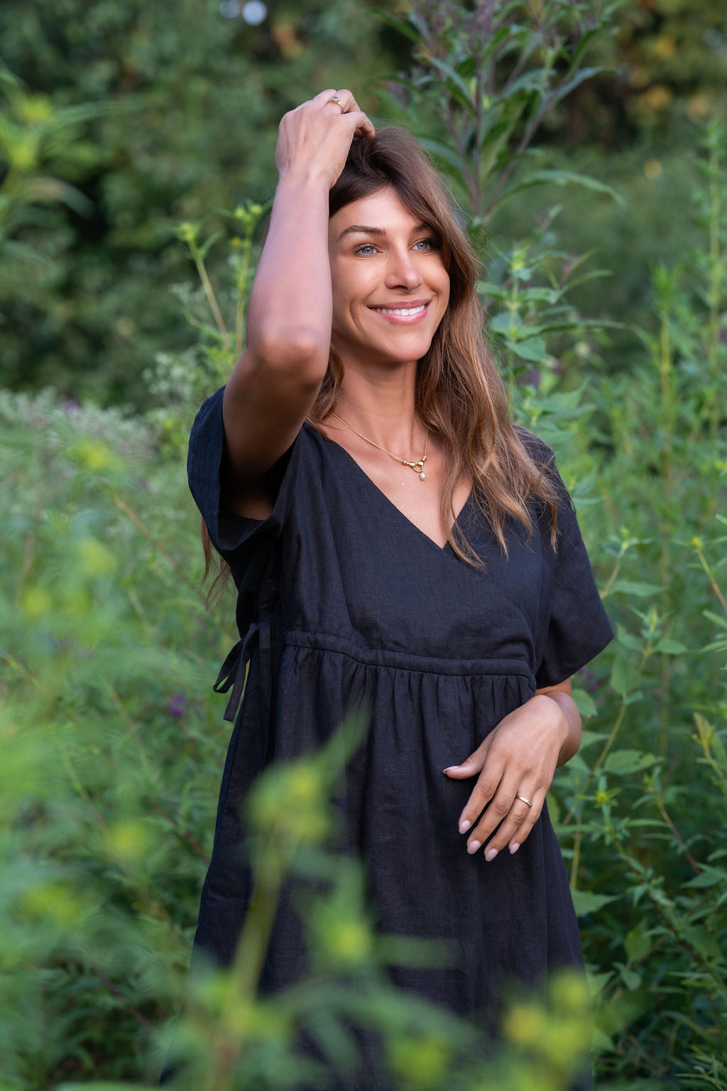 Rose Drawstring Dress in Dark Brown Linen