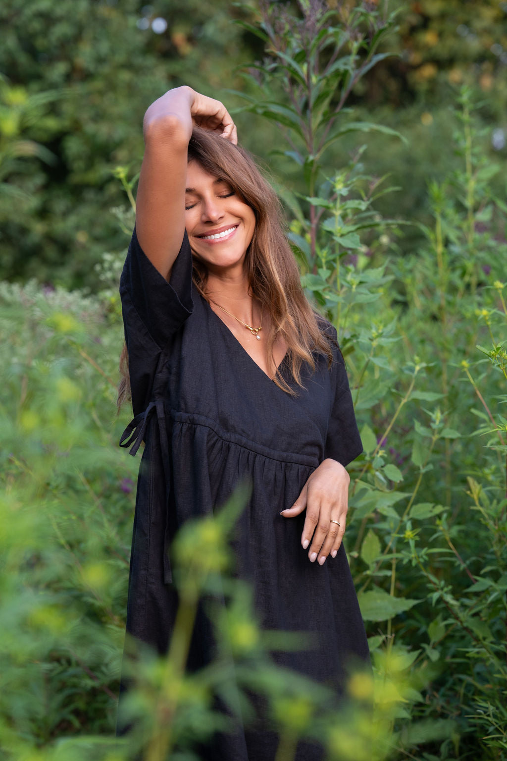 Rose Drawstring Dress in Dark Brown Linen