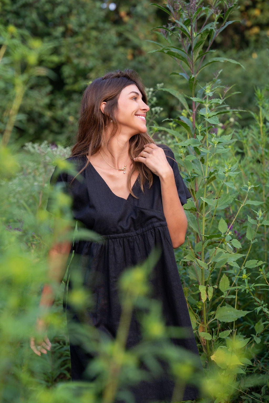 Rose Drawstring Dress in Dark Brown Linen