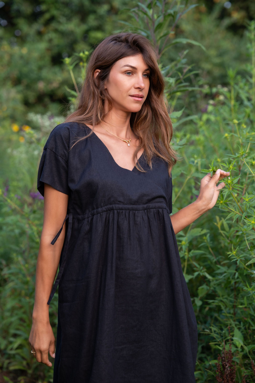 Rose Drawstring Dress in Dark Brown Linen