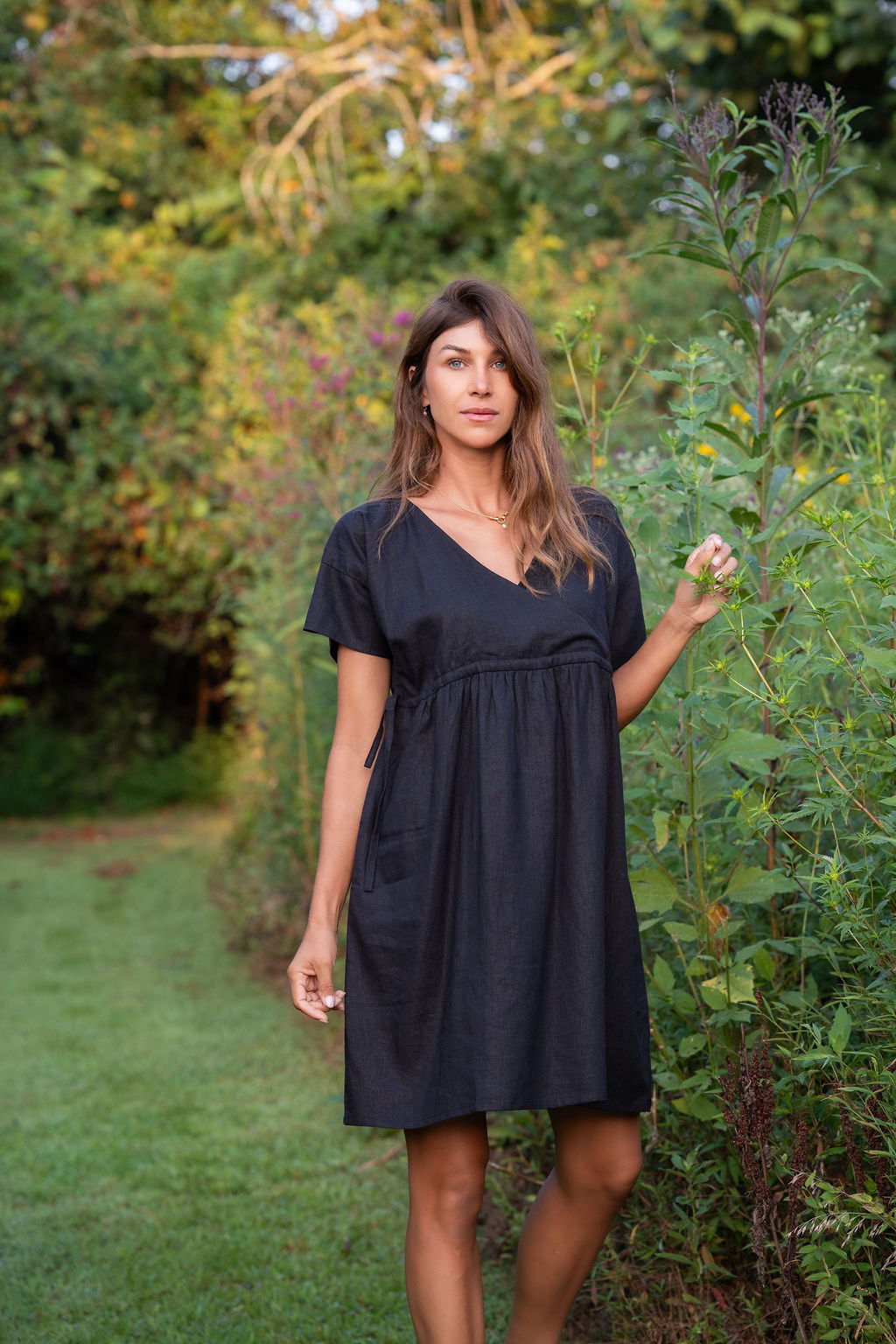 Rose Drawstring Dress in Dark Brown Linen